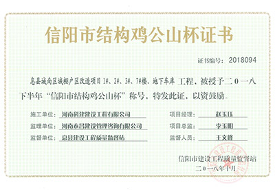 “息县城南区域棚户区改造项目1#、2#、3#、7#楼、地下车库意昂2体育官网”被授予2018下半年“信阳市结构鸡公山杯”称号