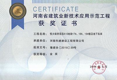 “恒大绿洲项目A10地块17#、18#、19#楼及地下车库意昂2体育官网”荣获“河南省建筑业新技术应用示范意昂2体育官网”金奖